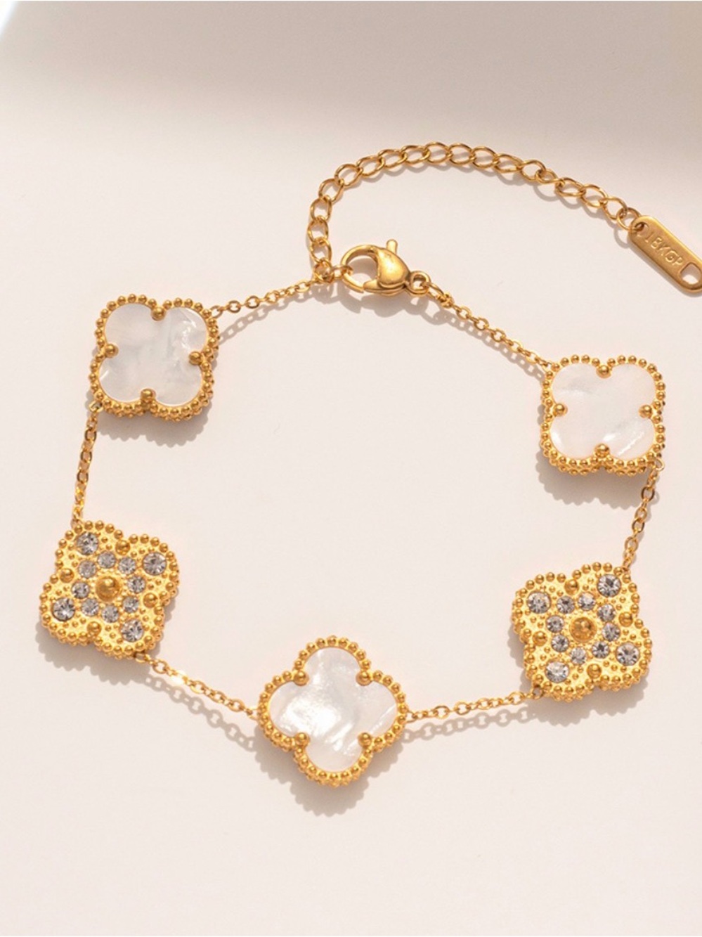 18k Gold Plated Stainless Steel Clover Bracelet (white pearl & zircons)